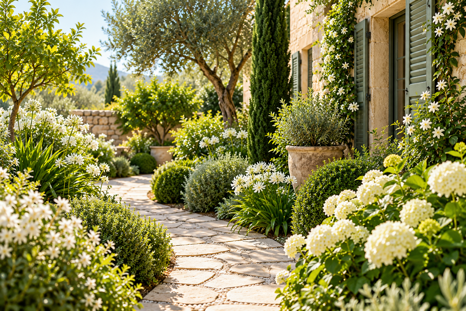 Camino de piedra entre plantas de un jardín mediterráneo